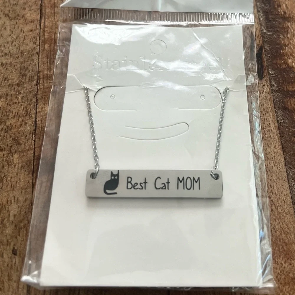 16” Silvertone Stainless Steel Best Cat MOM Black Cat Delicate Chain Necklace